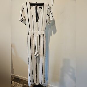 CRYSTAL SKY WOMEN'S IVORY W/BLACK STRIPES SHORT JUMPSUIT OPEN SKIRT DRES…